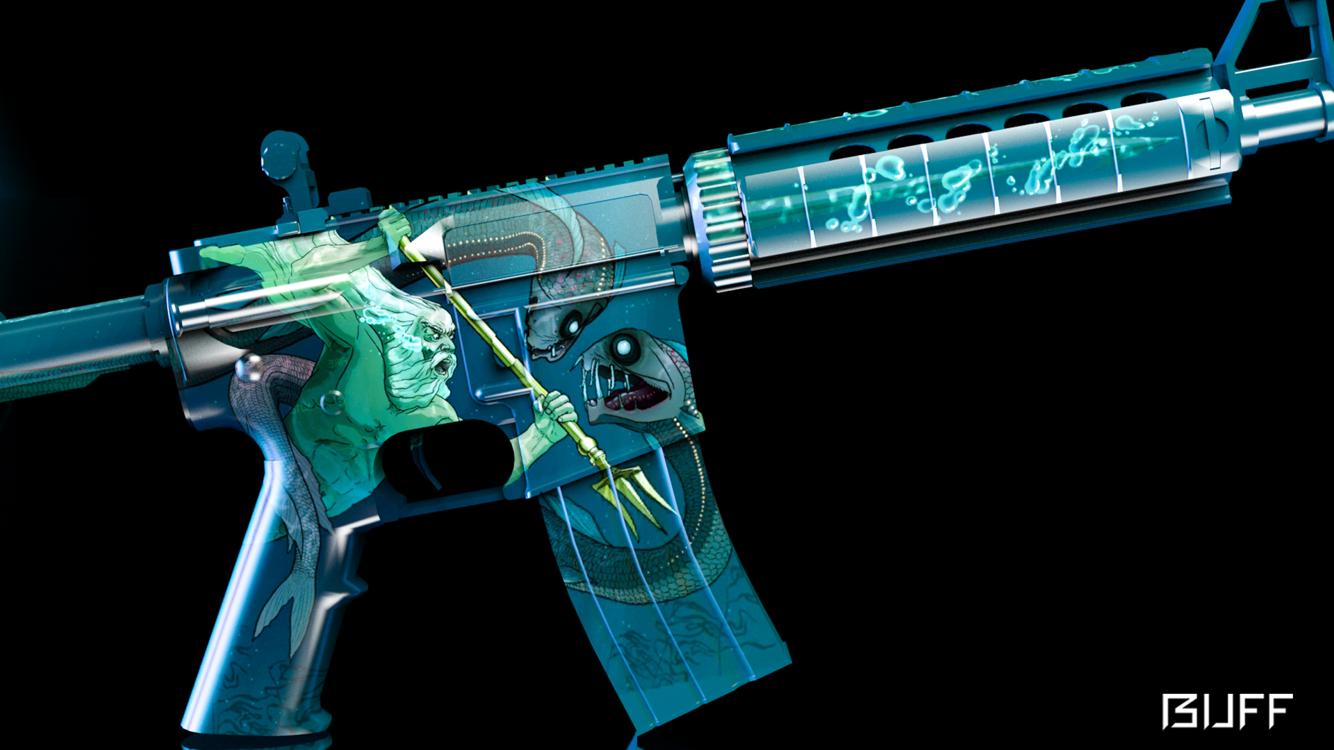 皮肤的主体涂有深色的蓝绿色涂料,并饰有波塞冬与两个海怪之间的战斗